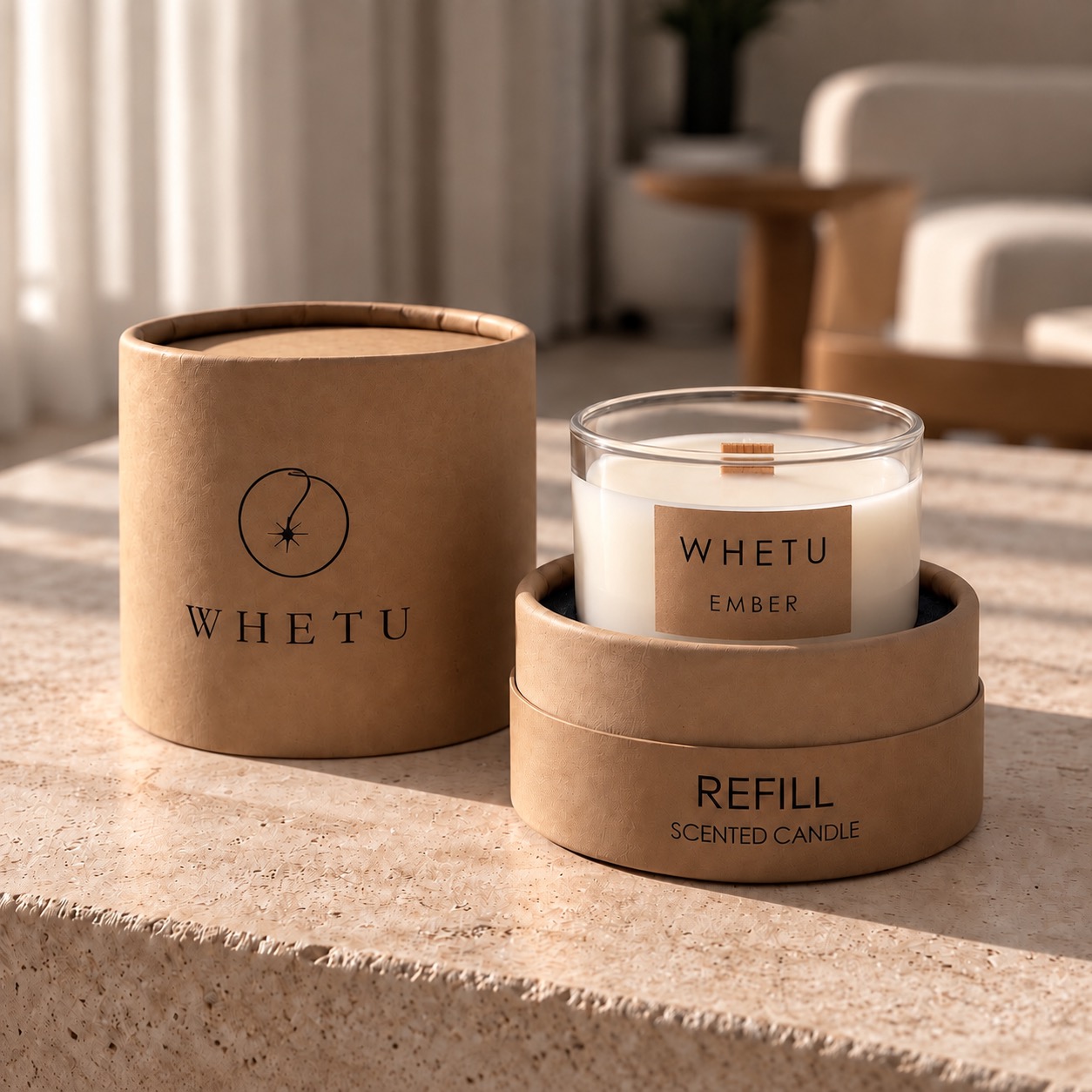 Whetu Ember refill ambalajı, kraft silindir kutu ve cam mum
