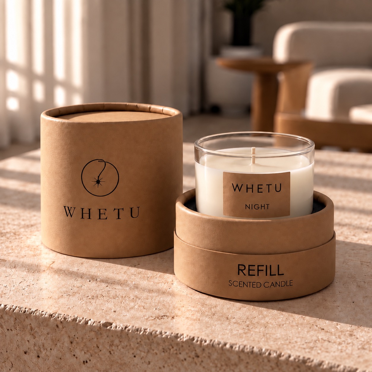 Whetu Night refill ambalajı, kraft silindir kutu ve cam mum