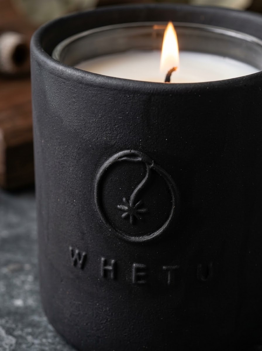 Whetu Noir seramiğin kabartma logosu, mum yanarken yakın çekim