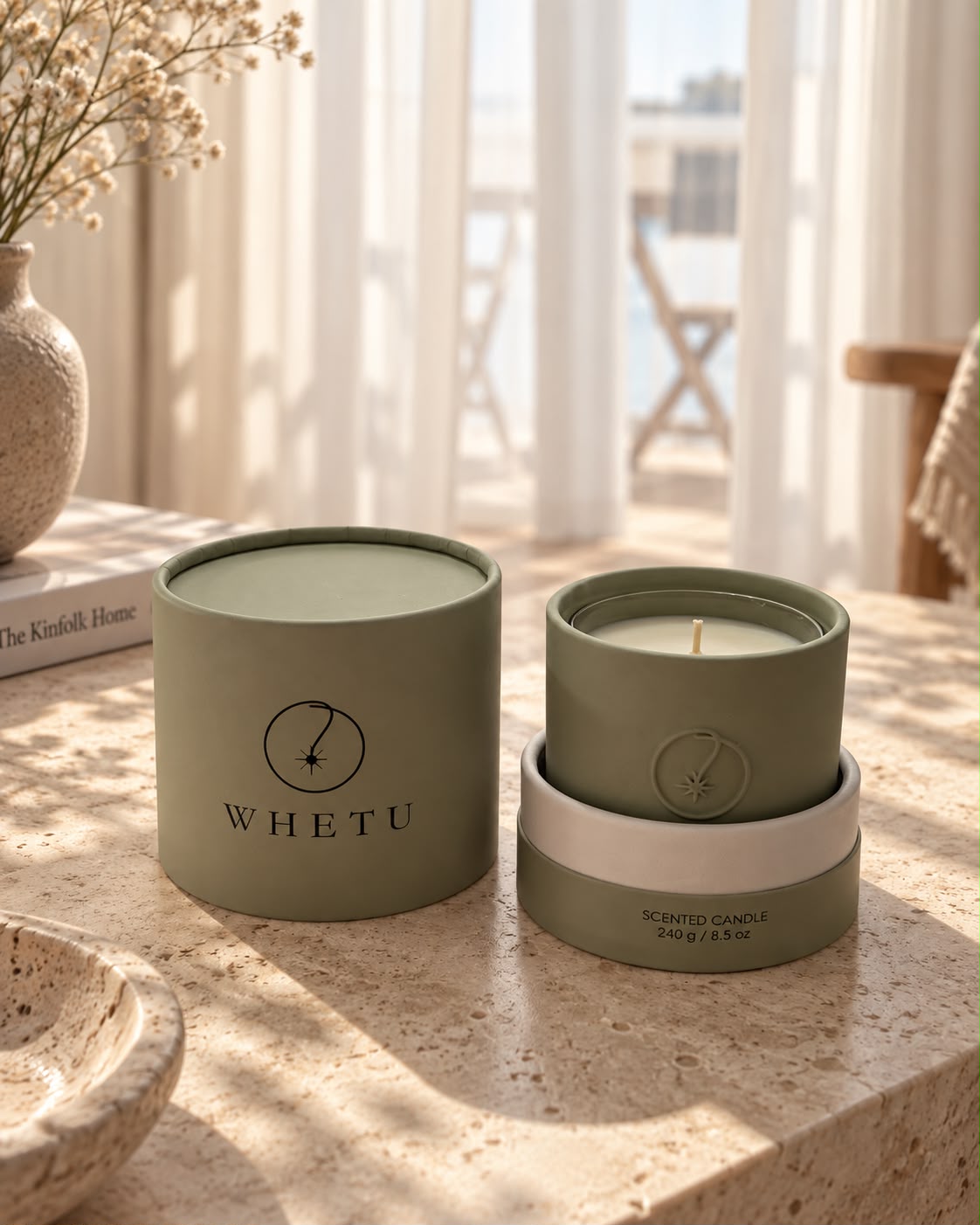 Whetu Olive ambalajı ve seramik gövde, pencere ışığında