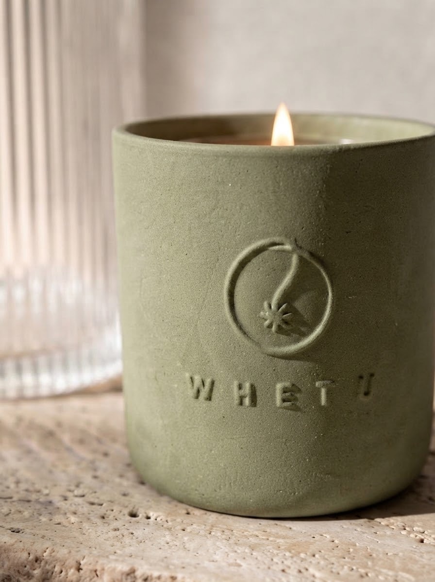 Whetu Olive seramiğin kabartma logosu, mum yanarken yakın çekim