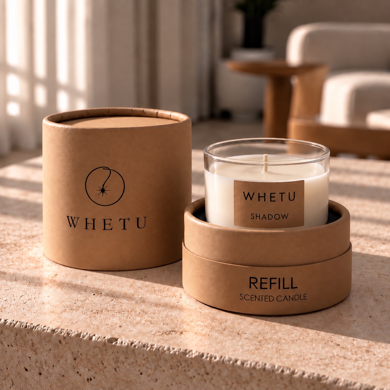 Whetu Shadow refill ambalajı, kraft silindir kutu ve cam mum