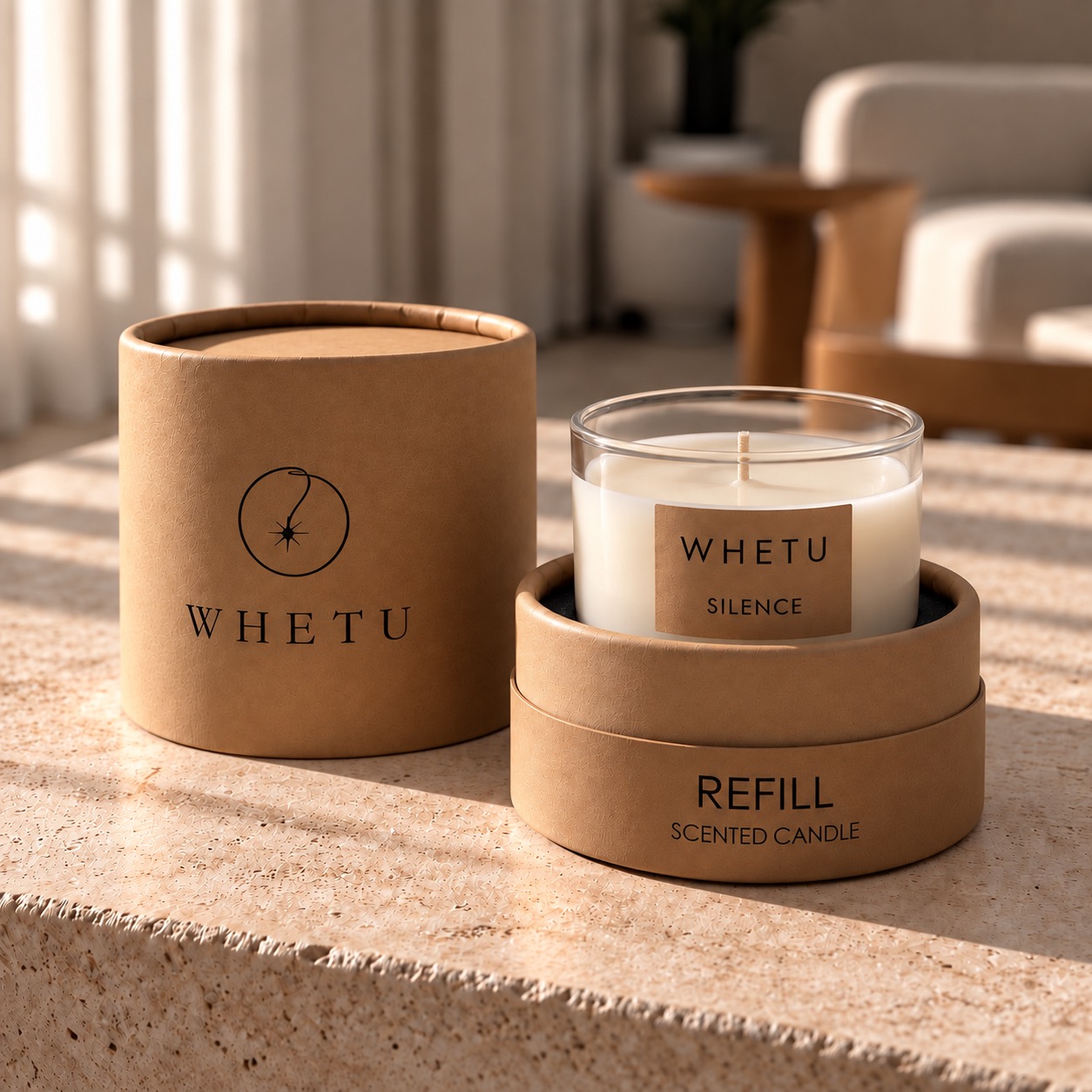 Whetu Silence refill ambalajı, kraft silindir kutu ve cam mum